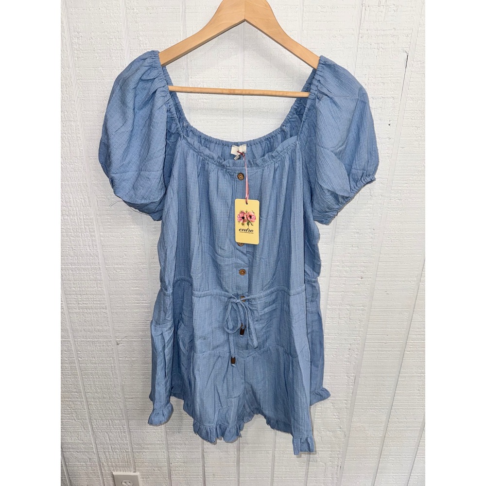 Entro Romper Womens Blue Puff Sleeve Button Drawstring Ruffle Hem Small R22792